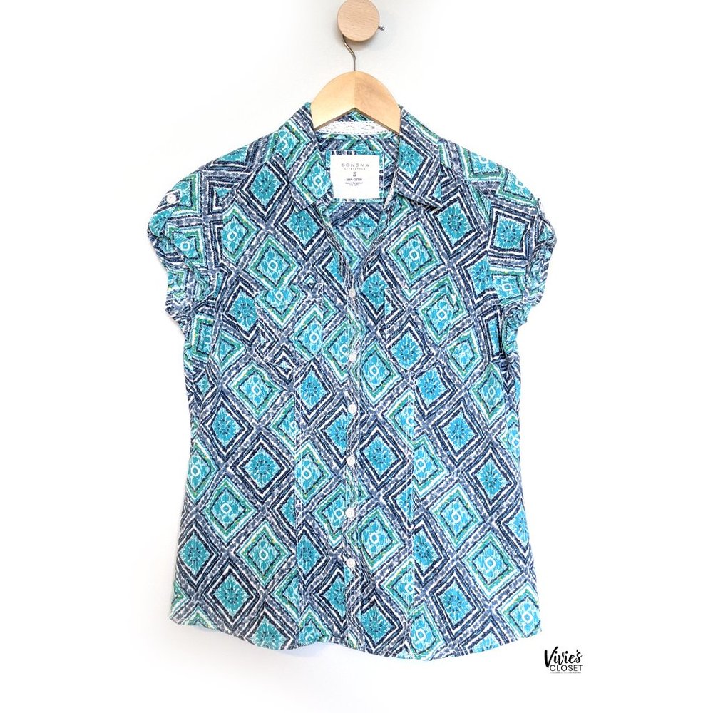 Sonoma Boho Geometric Print Button Down Cotton Top Size Small